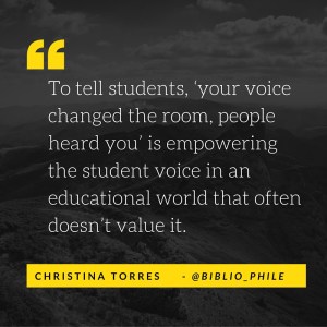 “As someone who grew up reading and writing, no one ever asked about my stories,” she said. Her lesson plan now is about “letting students know that their stories are valid and academic. To tell them, ‘your voice changed the room, p